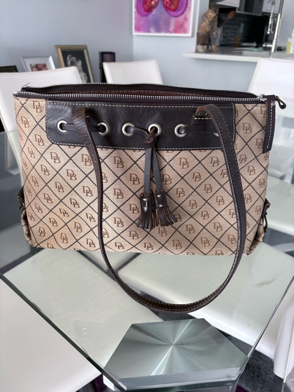 Dooney & Bourke Beige and Brown Logo Shoulder bag with Tassels
